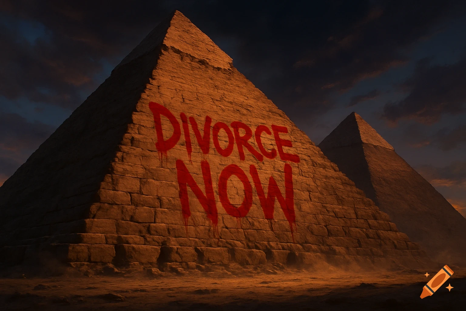 Red graffiti 'DIVORCE NOW' spray-painted on a large stone pyramid under a dark, dramatic sky in a desert landscape.
