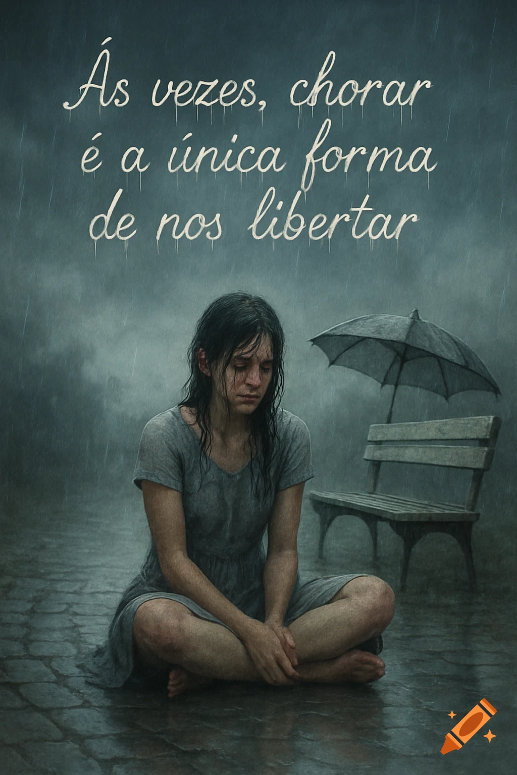 A woman sits cross-legged on wet cobblestones in heavy rain, crying. An open umbrella and a bench are behind her.