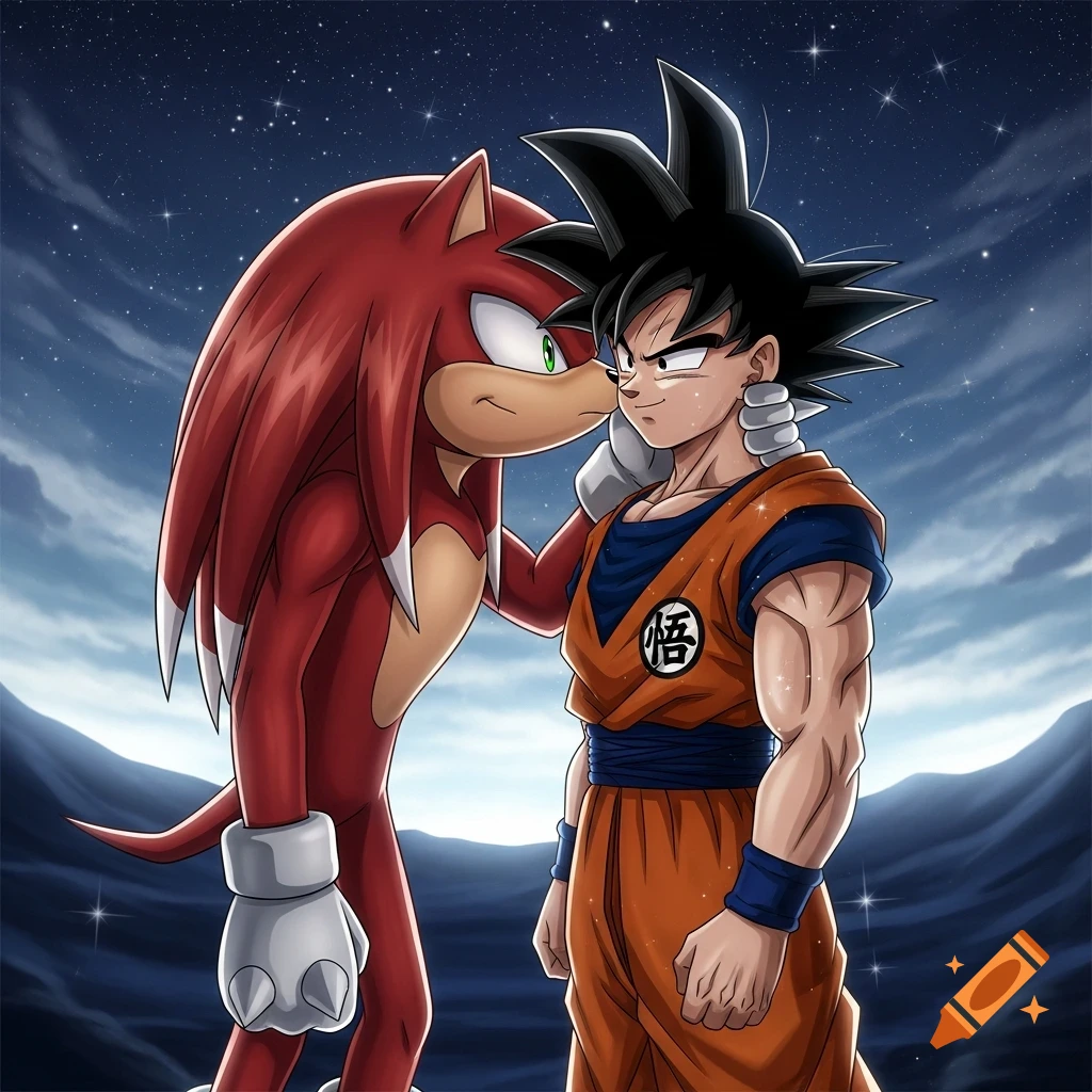 Knuckles the Echidna with his arm around Goku's shoulder, smiling, against a starry night sky in an anime style.