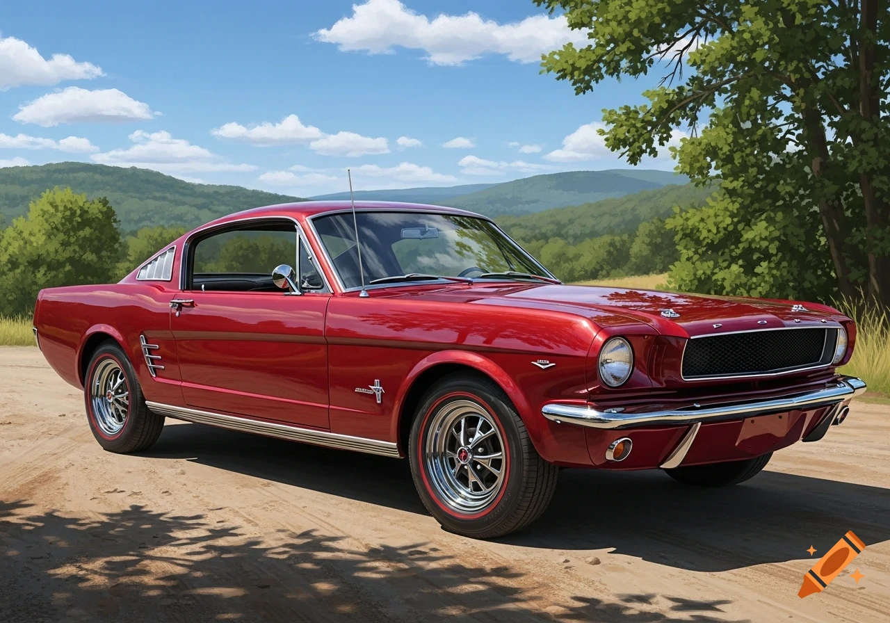 A shiny red 1965 Ford Mustang classic car is parked on a dirt road with trees and mountains under a blue sky.