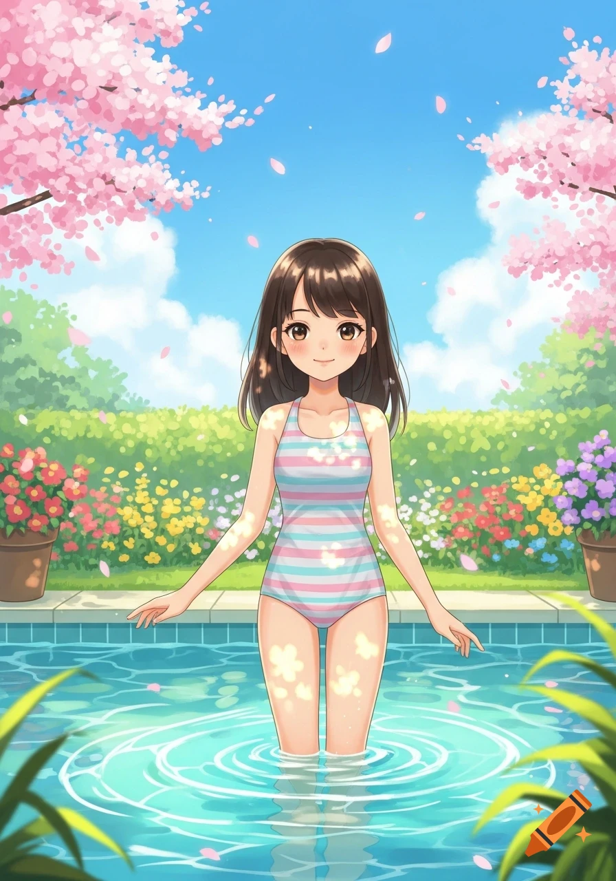 Anime girl in a striped swimsuit standing in a swimming pool under cherry blossoms with flower beds in the background.