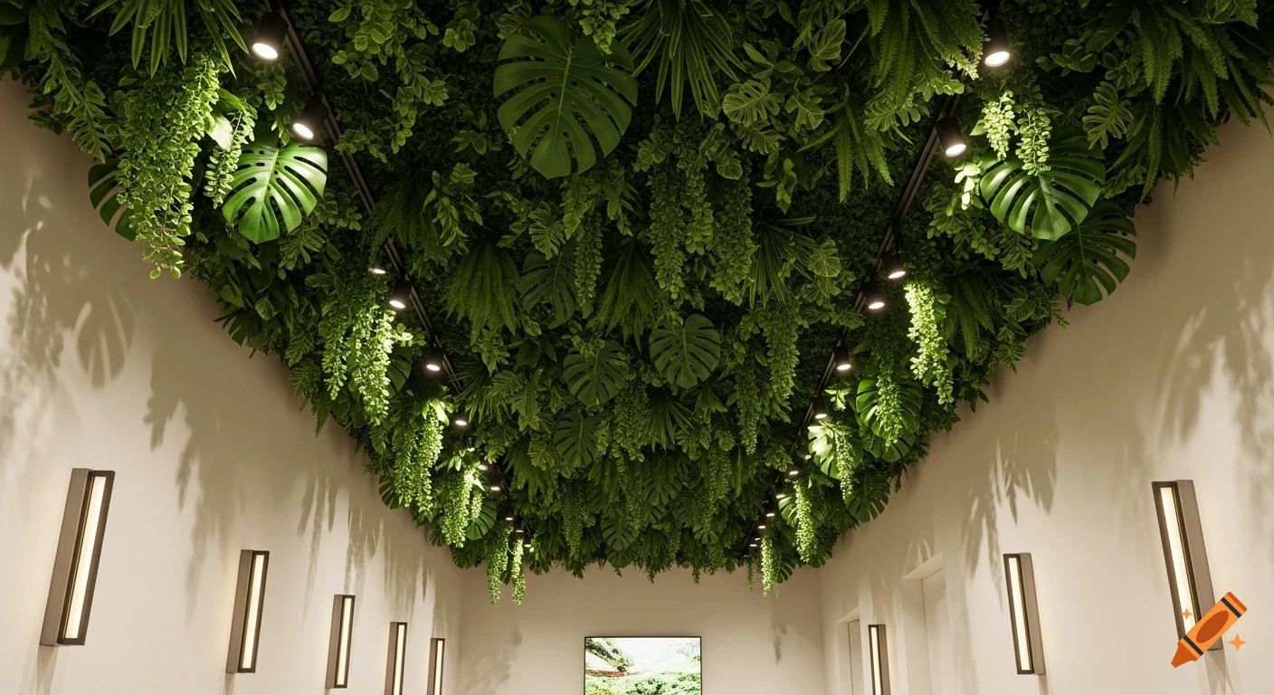 Photorealistic indoor hallway with a ceiling fully covered in lush green tropical plants, lit by warm wall sconces and spotlights.
