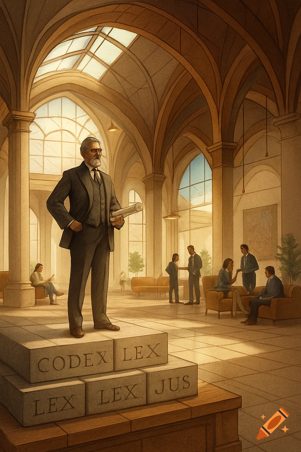 An older man in a suit stands on stone blocks labeled "CODEX LEX LEX JUS" in a grand hall with arches and large windows. Other people are seated in the background.