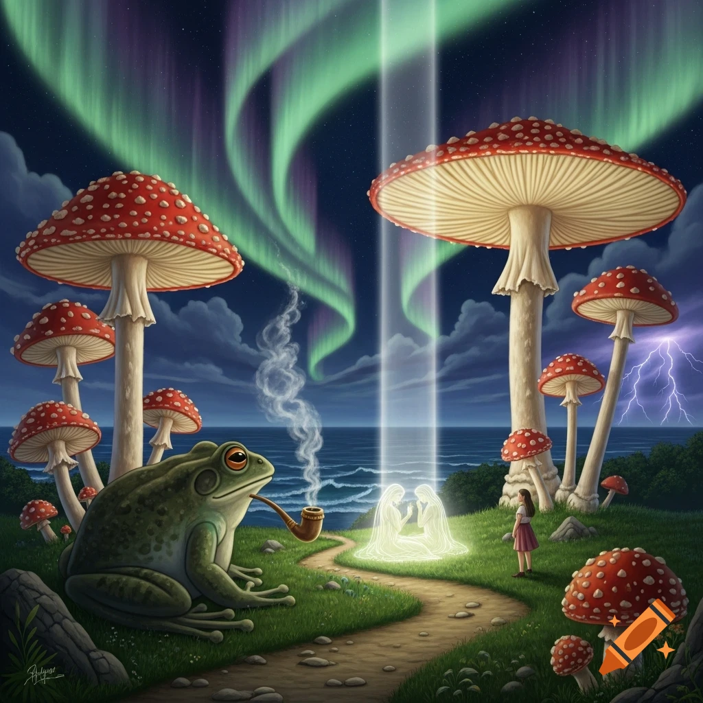 A whimsical fantasy illustration of a frog smoking a pipe, giant red mushrooms, a glowing couple, and a small girl under vibrant northern lights by the ocean.