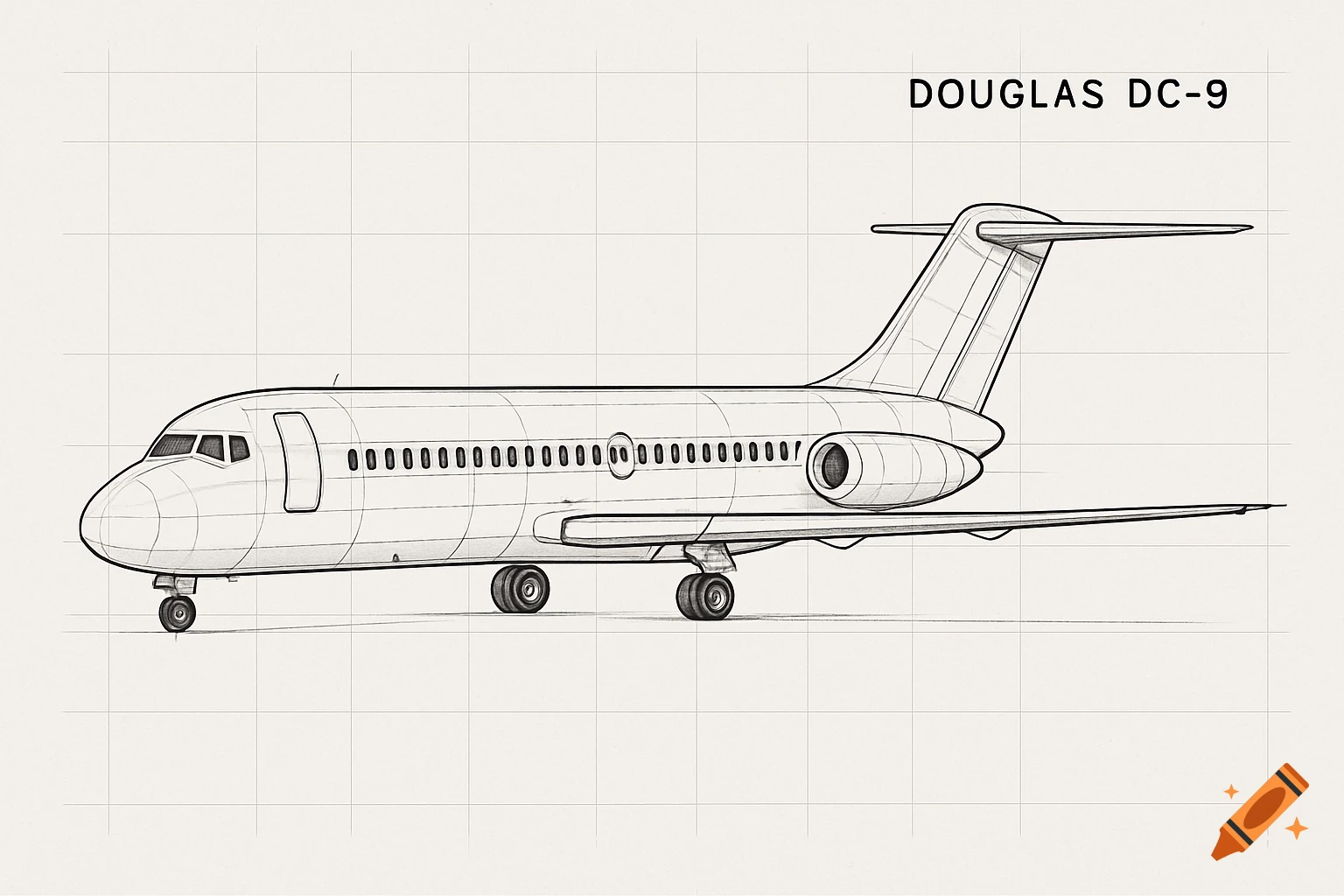 Line drawing blueprint of a Douglas DC-9 airplane on a grid background with 'DOUGLAS DC-9' text.