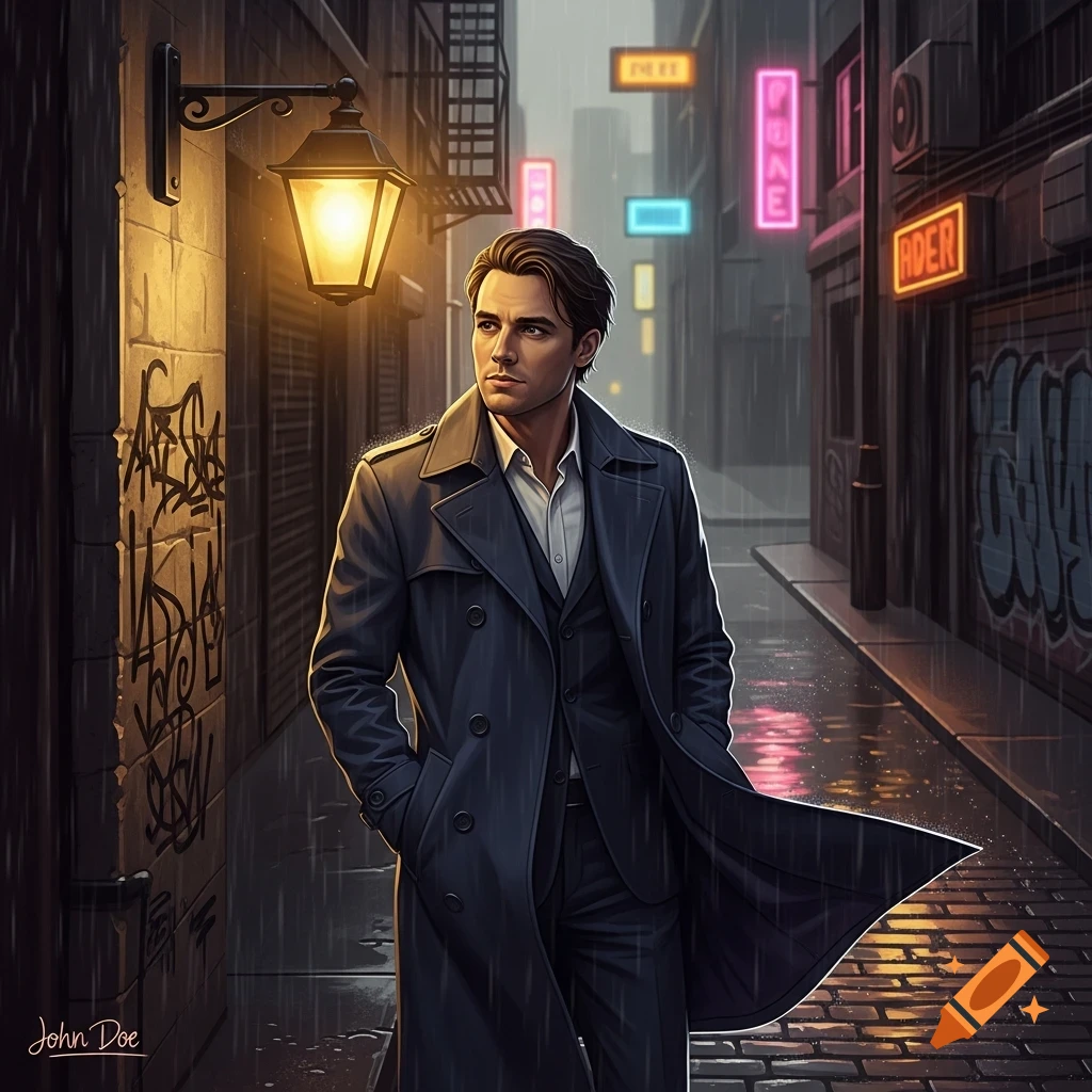 A man in a trench coat walks through a rainy, neon-lit city alley at night, looking to his left.