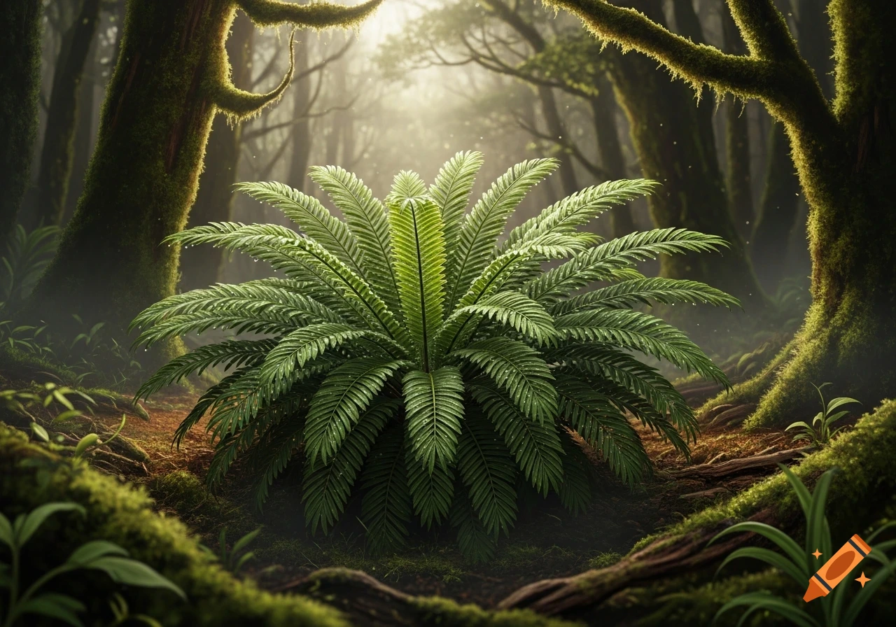 A vibrant green fern plant with water droplets on its leaves in a lush, misty forest, with light filtering through the trees.