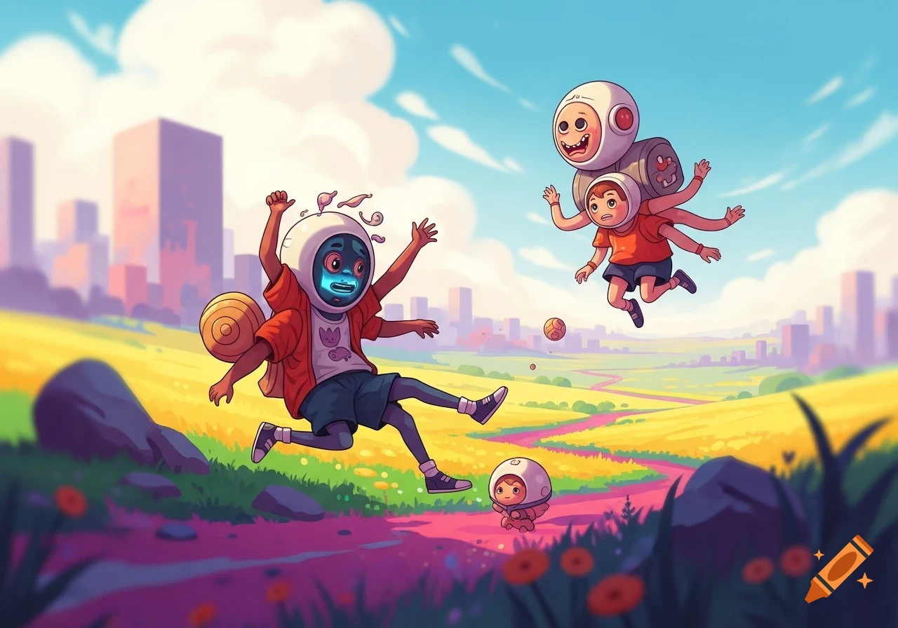 Cartoon characters with helmets, multiple limbs, and unique faces play in a vibrant, colorful field with a city skyline under a blue sky.