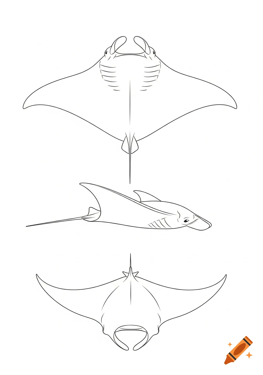 Three black and white line drawings of a manta ray from top, side, and front profiles.