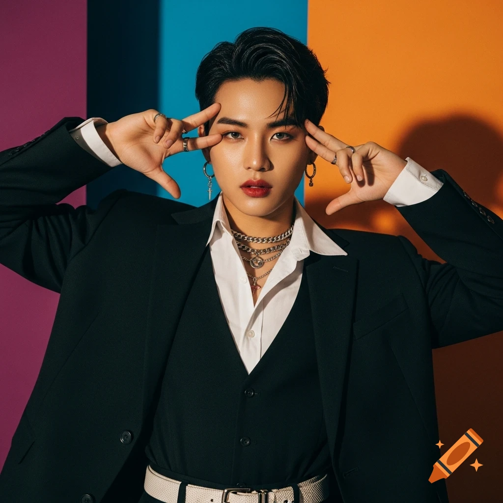 A male k-pop idol with dark hair and a suit, wearing layered necklaces, poses against a vibrant multi-colored studio background.