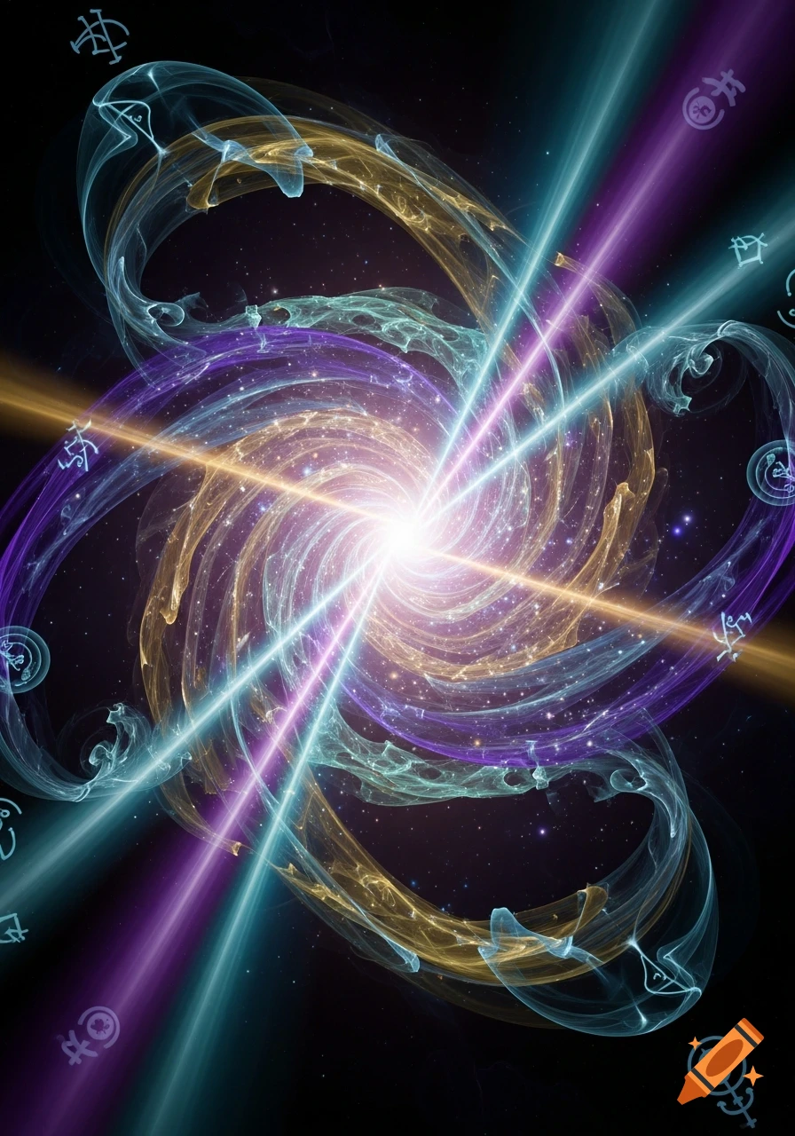 A bright white light bursts from the center of swirling purple, gold, and teal fractal energy, with colorful light beams and mystical symbols on a starry black background.