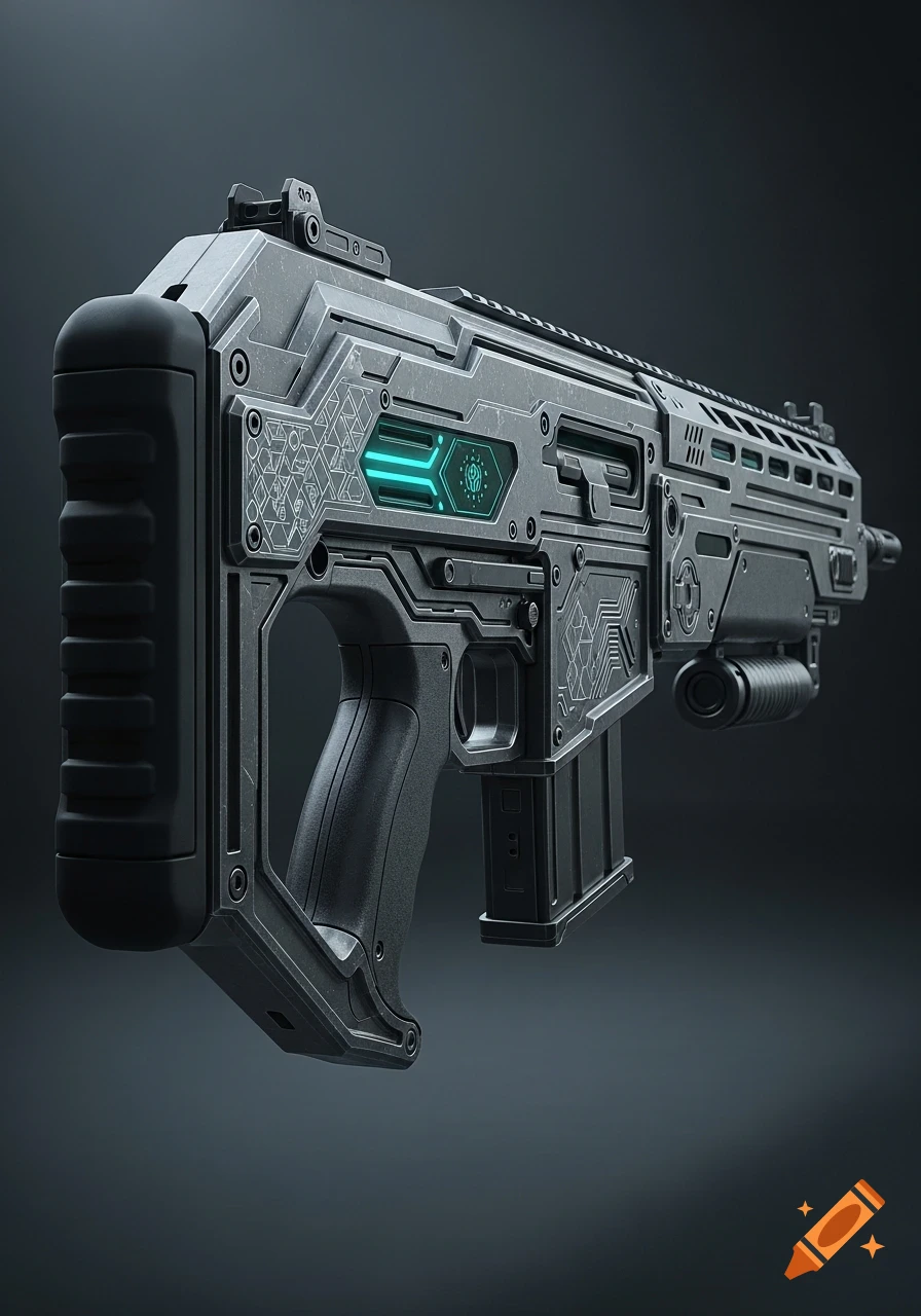 A detailed, dark gray futuristic bullpup rifle with glowing cyan accents and complex etched patterns, shown in side view.