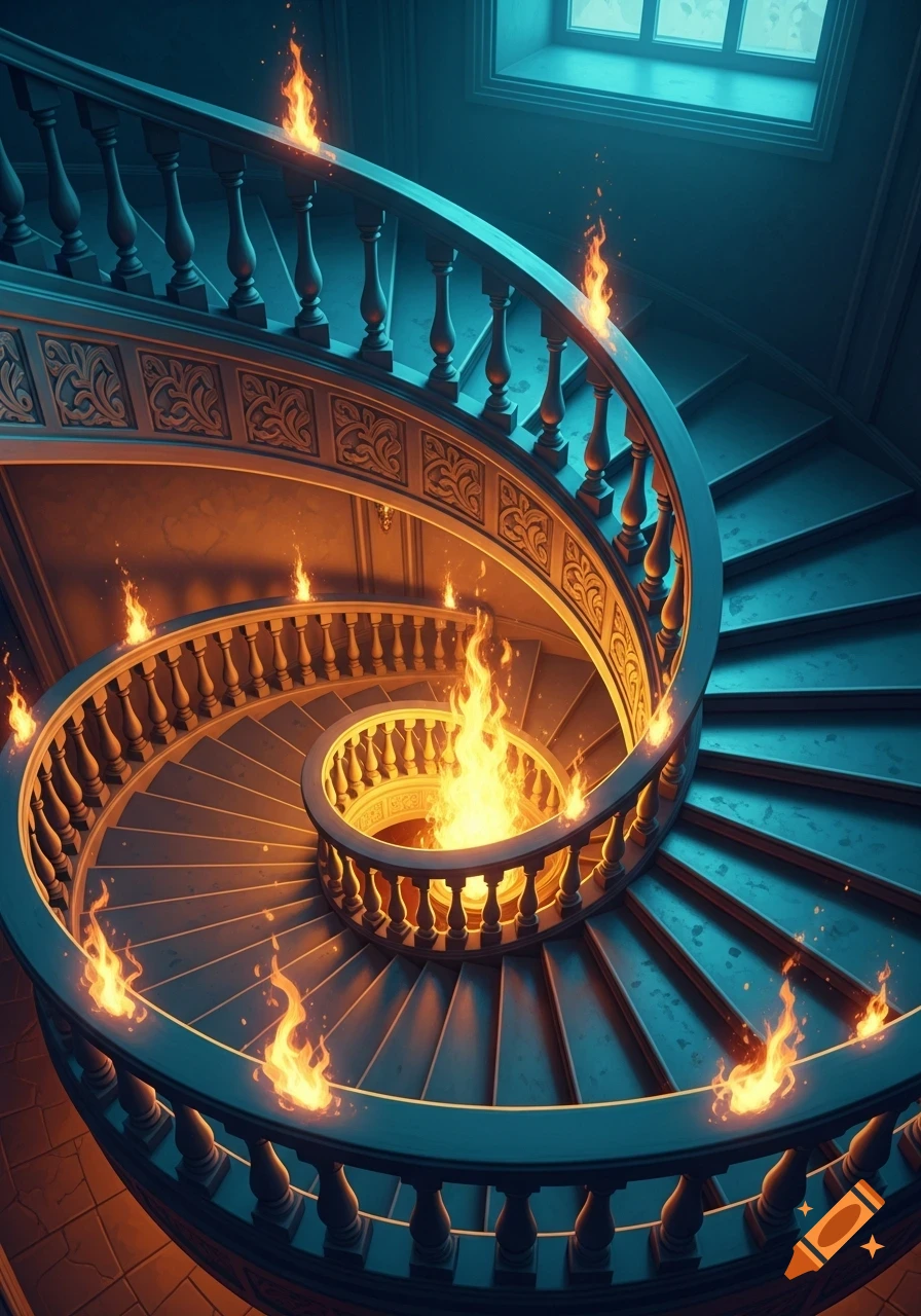 A grand spiral staircase in blue-teal hues with decorative railings, illuminated by numerous fires casting orange glows and shadows.