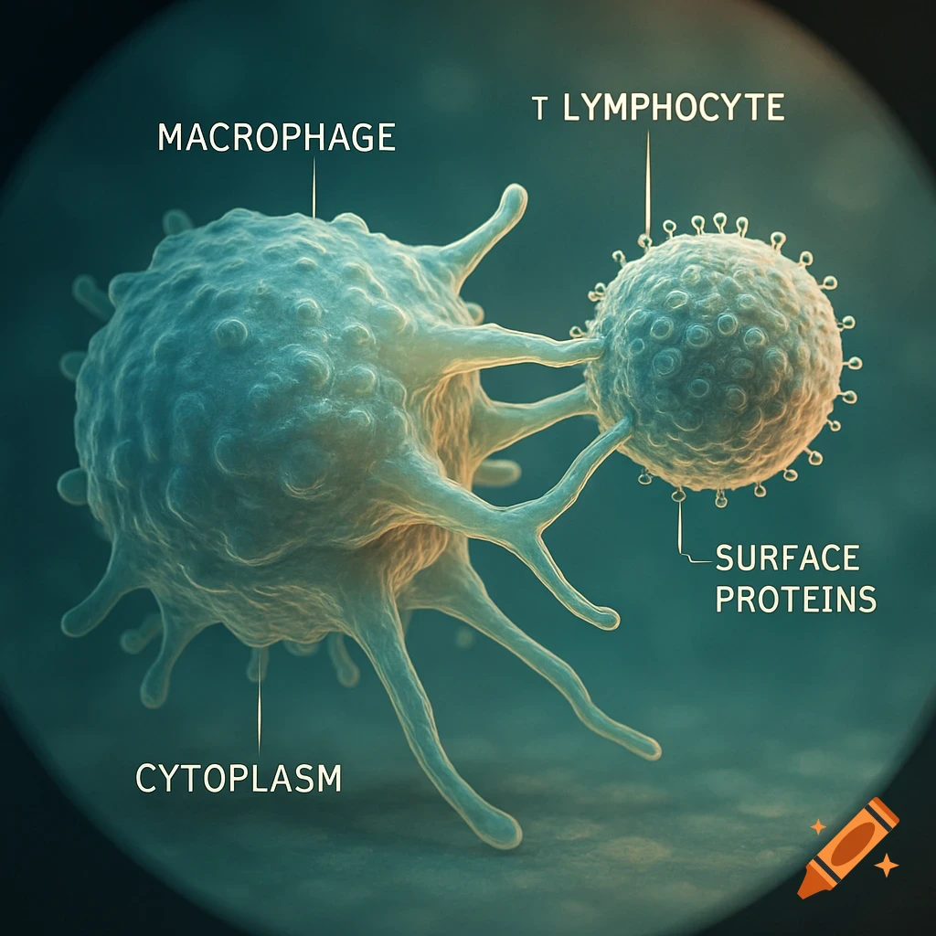 Microscopic scientific diagram of a macrophage with labeled cytoplasm interacting with a T lymphocyte and its surface proteins.