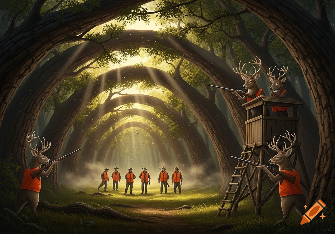 Anthropomorphic deer in orange vests aim rifles at human hunters in a magical forest clearing with light rays.