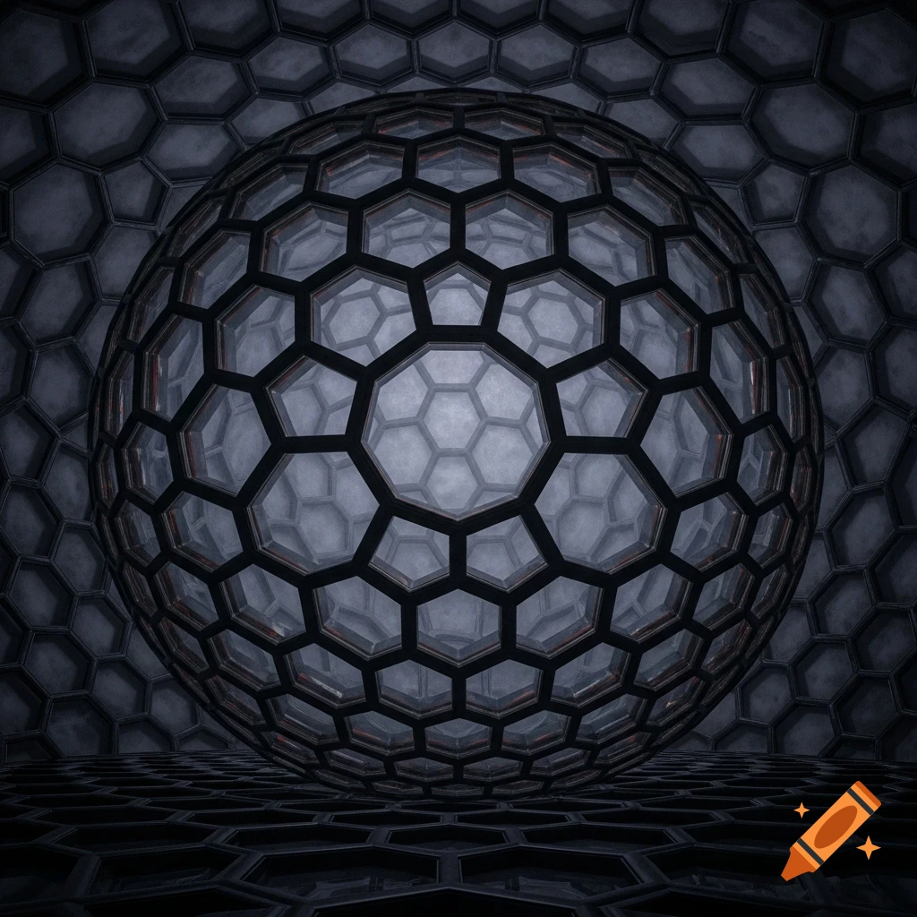 A dark, dim room with hexagonal patterned walls and floor, featuring a large spherical structure made of interconnected hexagons in the center.