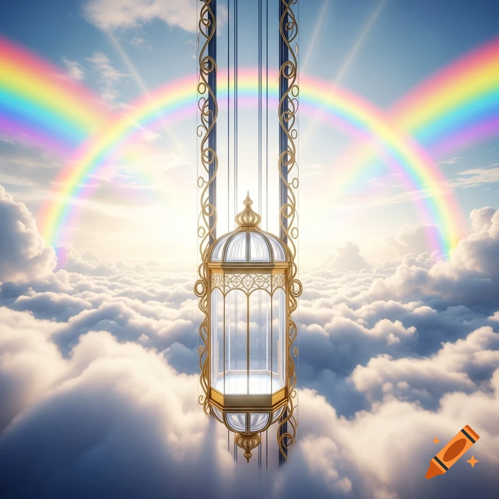 An ornate golden elevator ascends through fluffy clouds towards a bright sky with two vibrant rainbows.