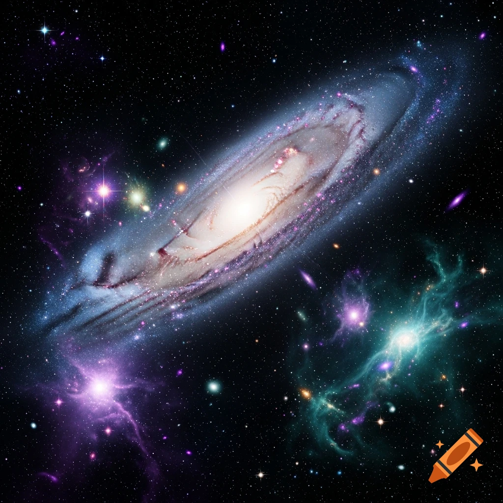 A vibrant spiral galaxy with a bright core surrounded by colorful nebulae and countless stars in deep space.