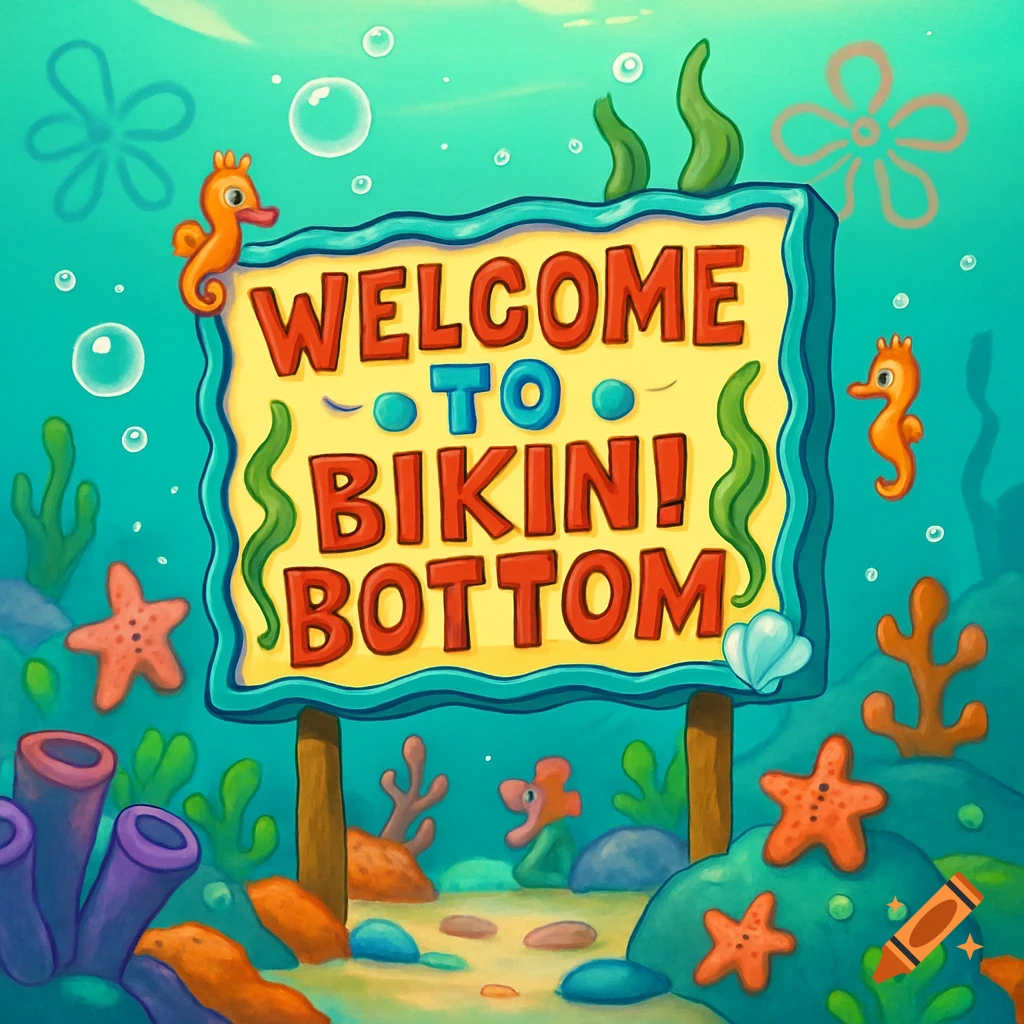 A cartoon underwater sign reads "WELCOME TO BIKINI BOTTOM", surrounded by seahorses, starfish, and coral in a vibrant ocean scene.