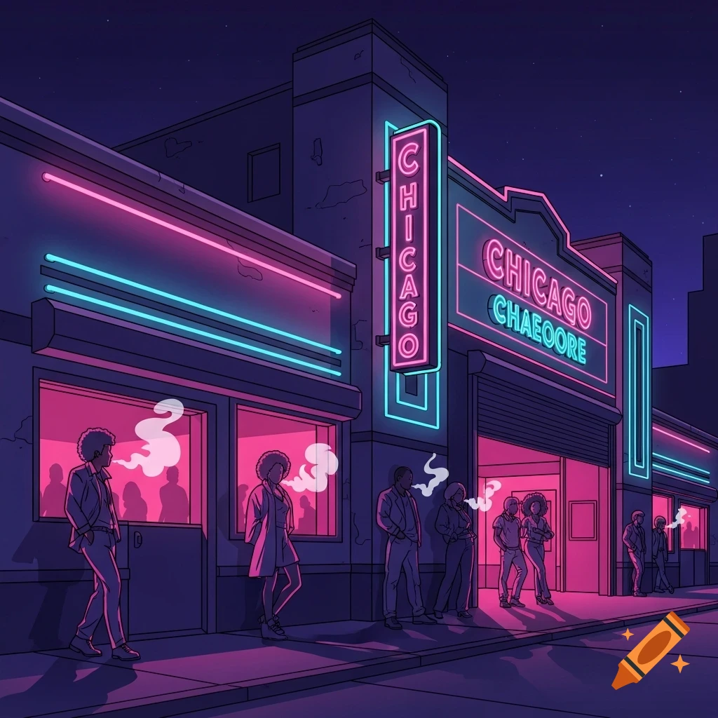 Neon-lit 80s illustration of people smoking outside a Chicago nightclub, with glowing signs.