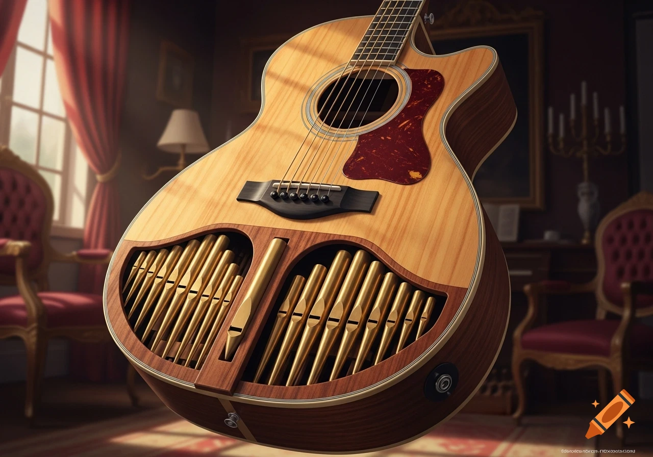 Photorealistic acoustic guitar with its body open, revealing golden organ pipes inside a lavish room.