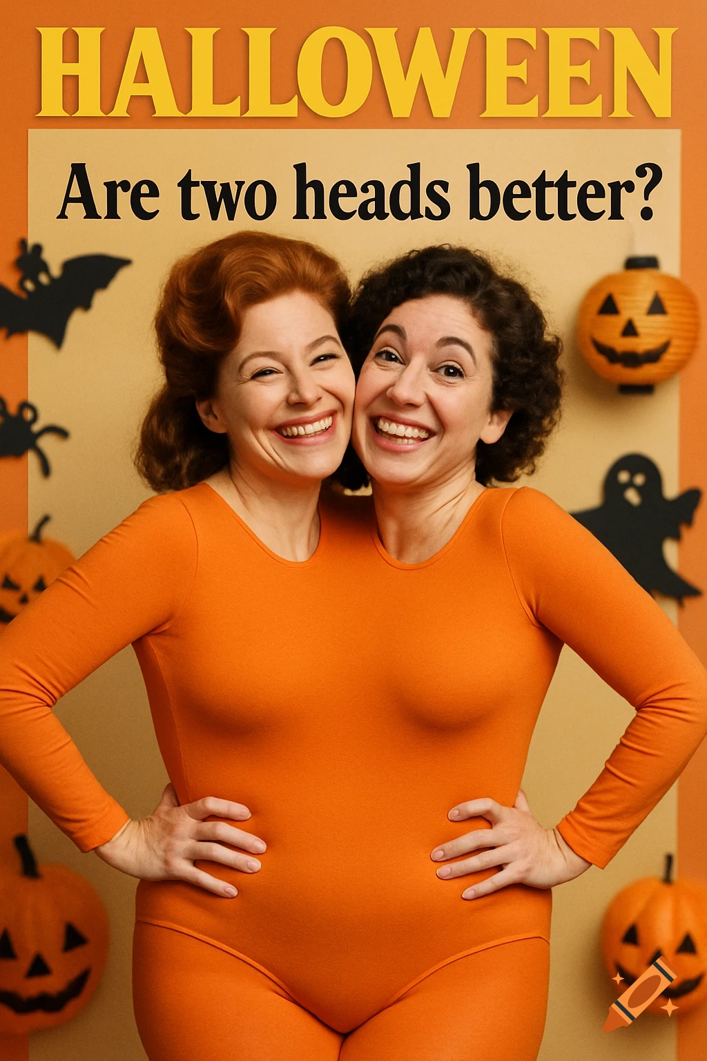 Two smiling women in an orange leotard form a two-headed Halloween costume, surrounded by festive decor and text.