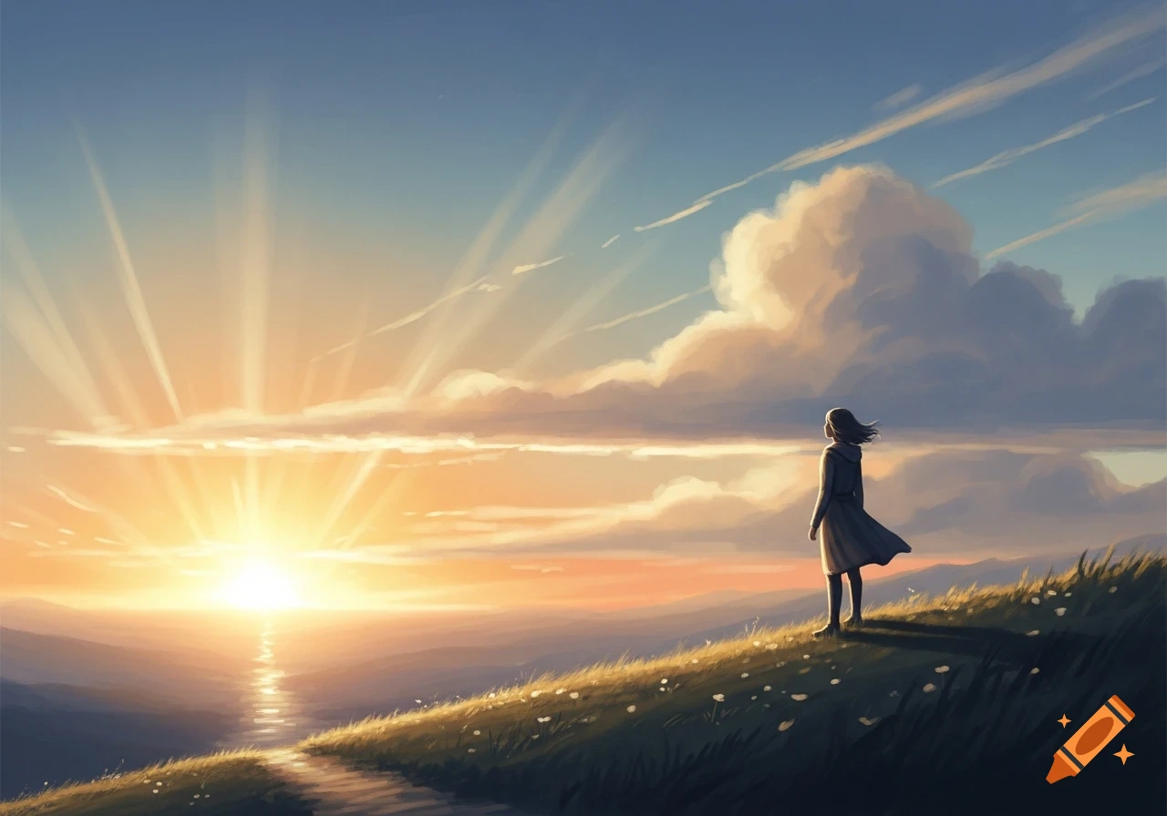 A lone figure stands on a grassy hill at a vibrant sunrise, with a path leading towards the golden horizon in a dreamy, painterly style.
