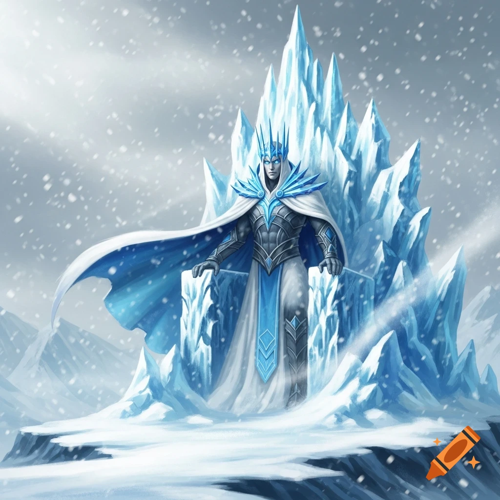An ice king with a blue crown and flowing white and blue cape sits on a throne made of sharp ice crystals in a snowy mountain landscape.