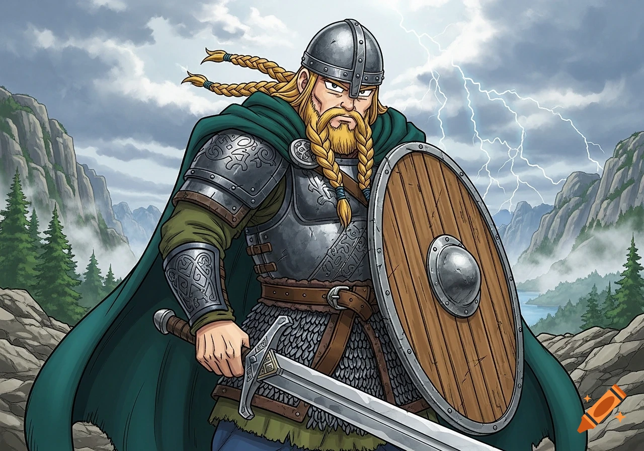 An anime-style Viking warrior with blonde braids, helmet, and armor holds a sword and shield in a rocky, mountainous landscape with lightning.