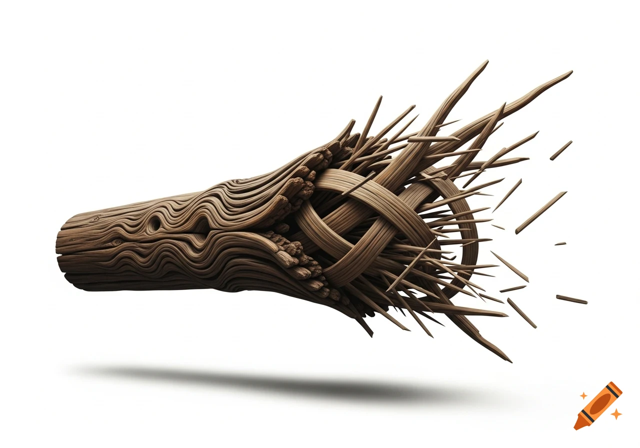 A floating stylized wooden log with wavy patterns, its right end splintering into wooden beams and planks, on a white background.