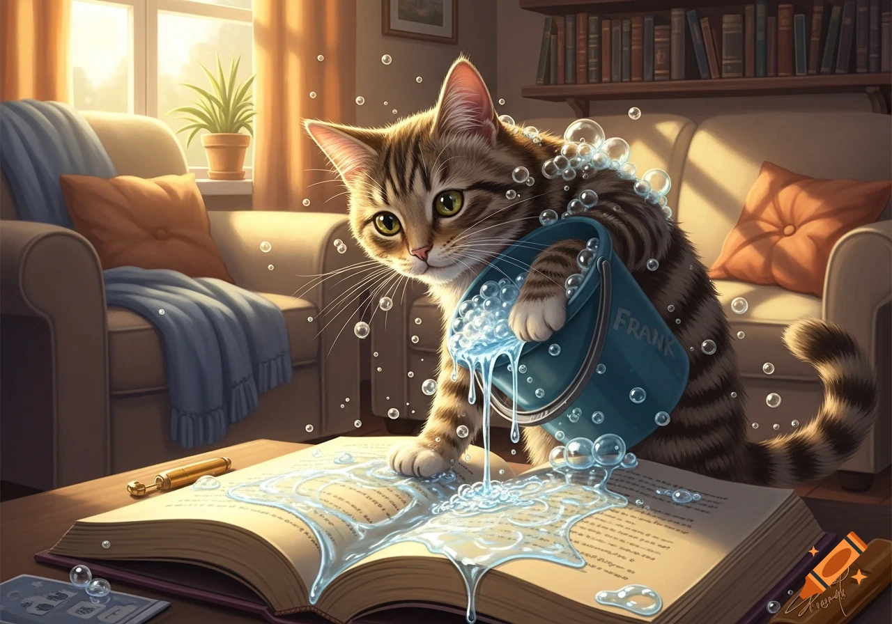 A cute tabby cat playfully spilling soapy water from a blue bucket onto an open book on a wooden table in a sunlit room.