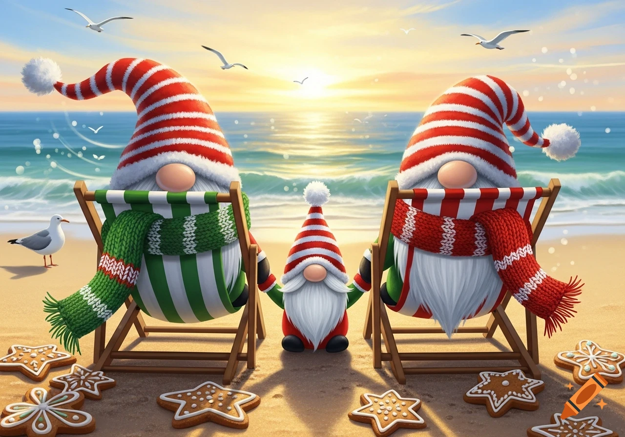 Three festive gnomes in Santa hats and scarves relaxing on beach chairs at sunset, surrounded by gingerbread cookies and seagulls.
