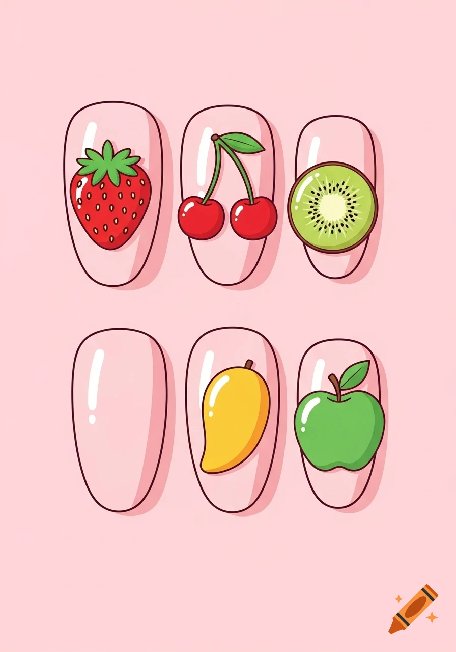 Six cartoon press-on nails with fruit designs: strawberry, cherries, kiwi, mango, and an apple, on a pink background.