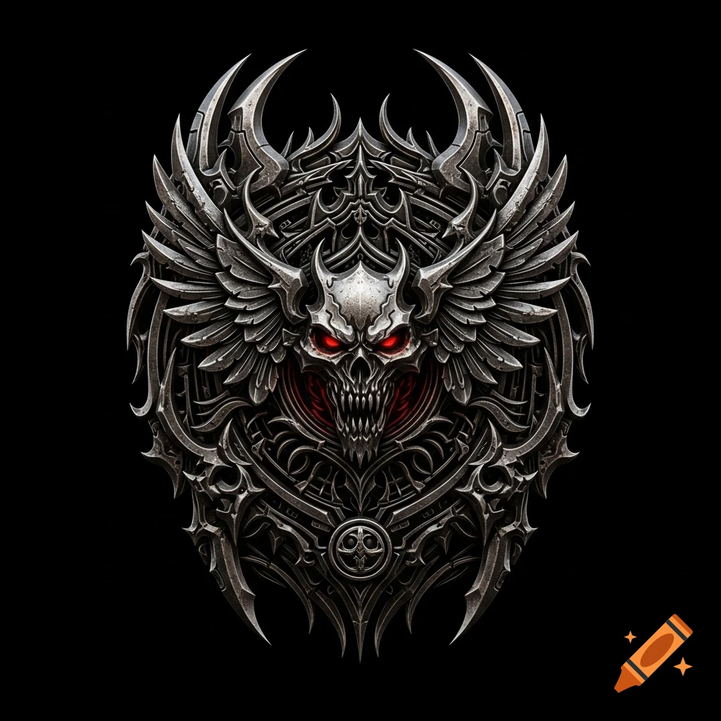 Highly detailed metallic skull emblem with red glowing eyes and wings, in a dark fantasy or death metal style on a black background.