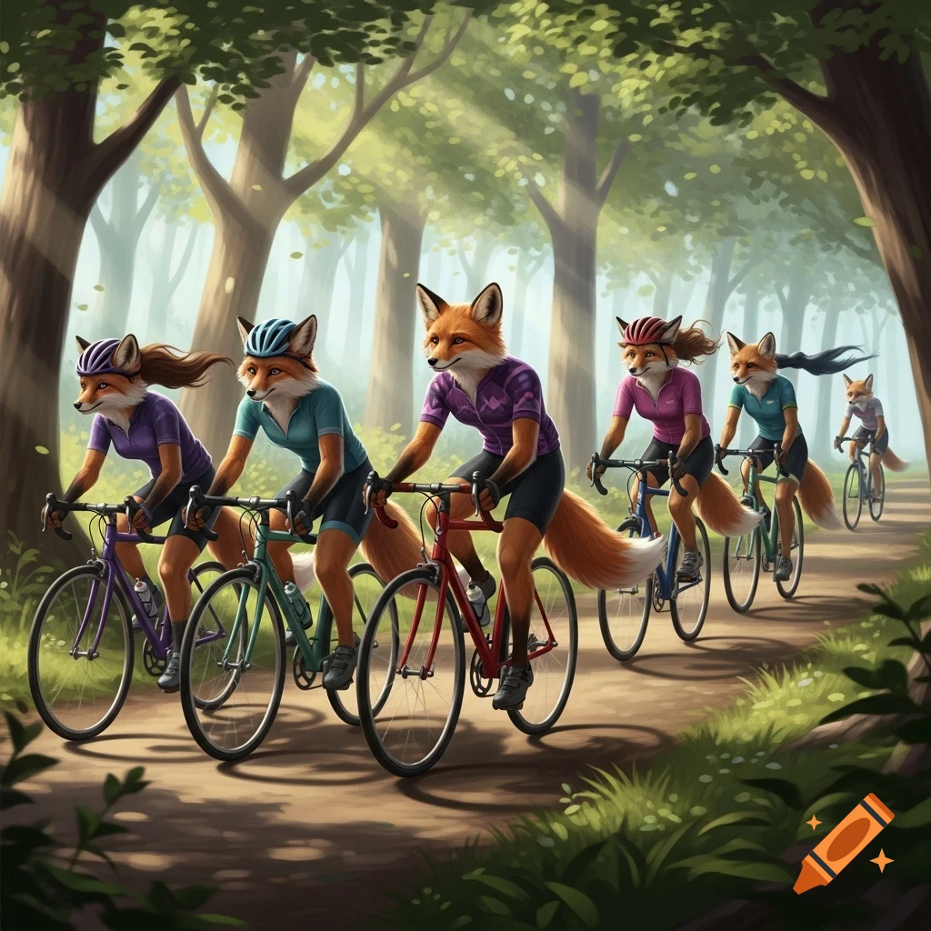 Illustrated anthropomorphic foxes in cycling gear ride bikes on a sunlit forest path.