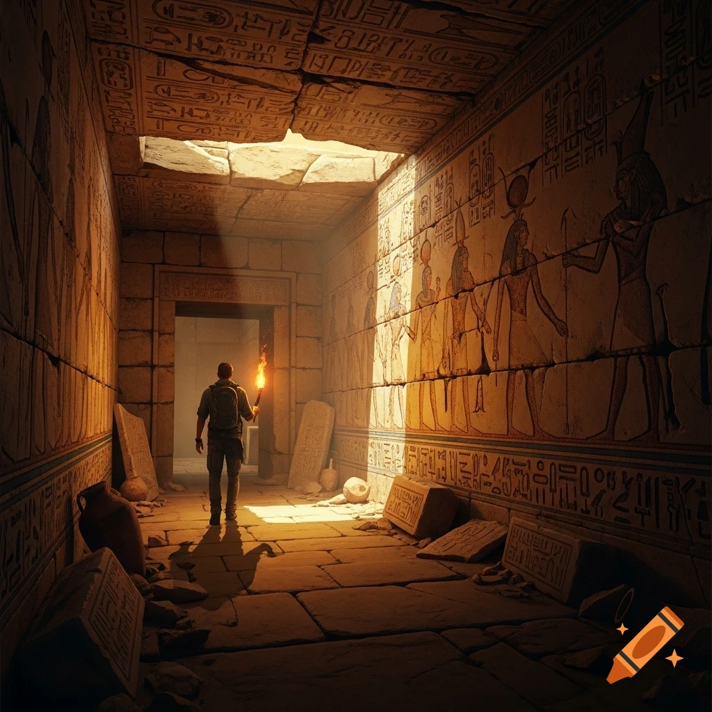 A person holding a torch explores a dark, hieroglyph-covered ancient Egyptian pyramid with light streaming from above.