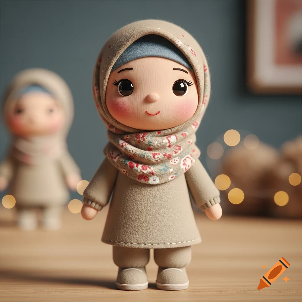 A cute 3D rendered felt doll wearing a beige dress, a light blue undercap, and a floral hijab, with a blurred background.