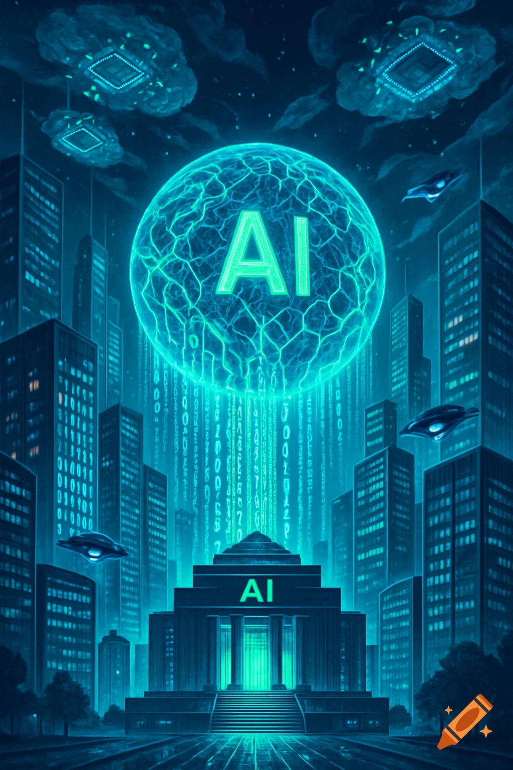 A neon blue and green futuristic cityscape at night with a large glowing 'AI' orb and data streams over a grand building.