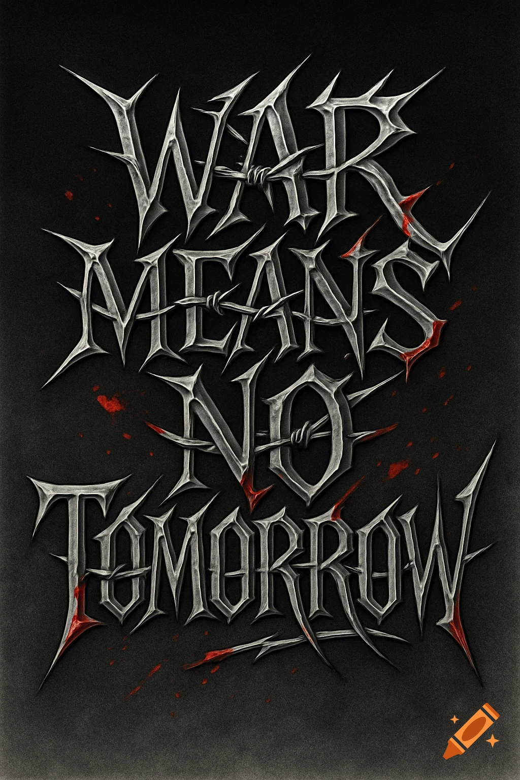 Stylized typography poster with metallic, barbed wire-like text reading 'WAR MEANS NO TOMORROW' on a dark background with red splatters.