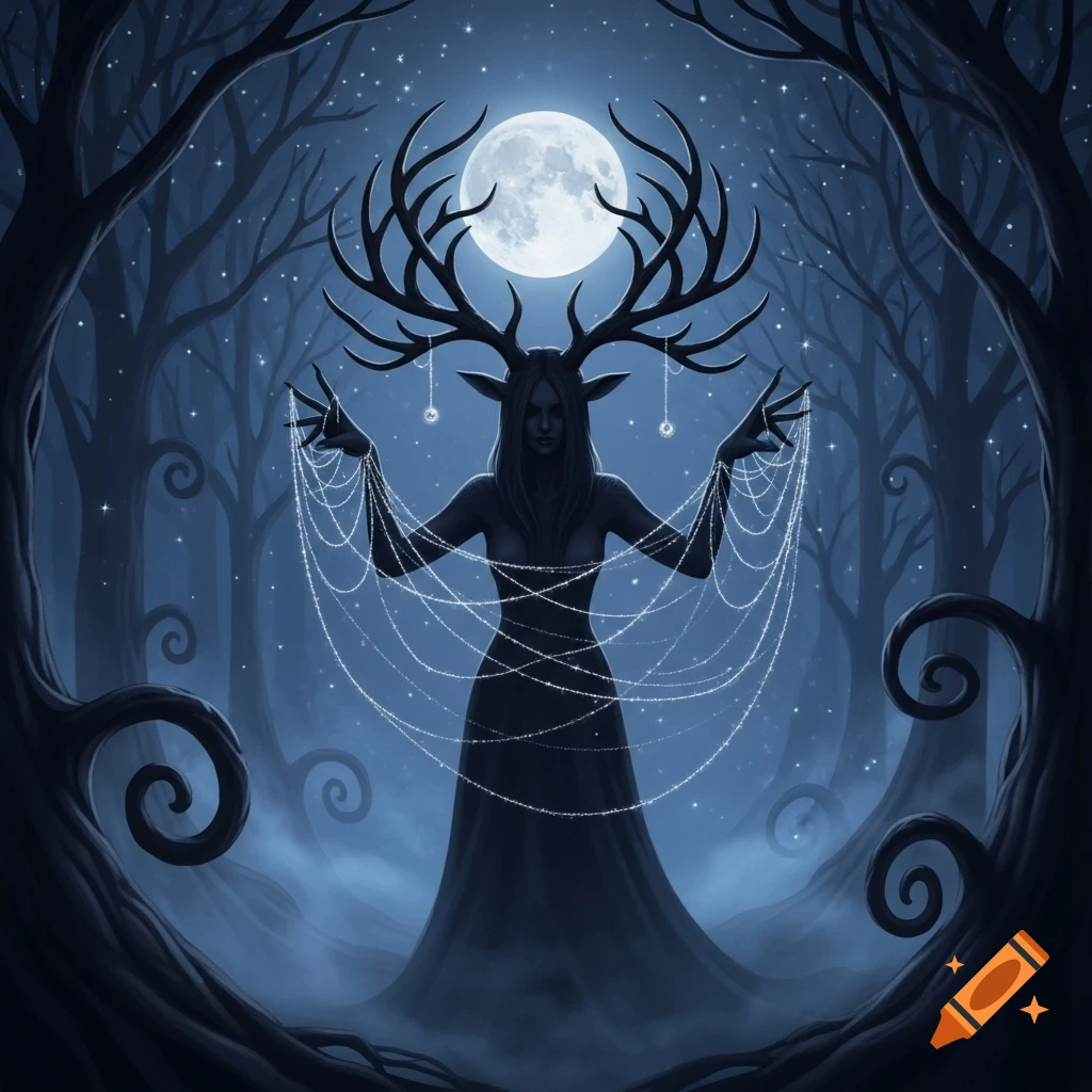 A dark fantasy illustration of an antlered woman in silhouette weaving glowing threads under a full moon in a misty forest.