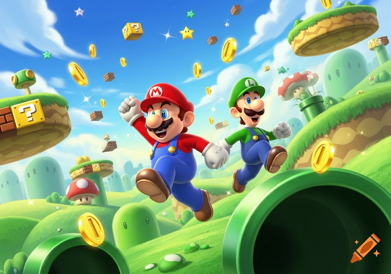 Mario and Luigi joyfully run and jump through a bright, cartoon Super Mario Bros. landscape filled with coins and green pipes.