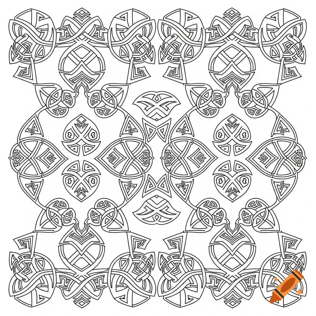 A detailed black and white Anglo-Saxon or Celtic knotwork pattern.
