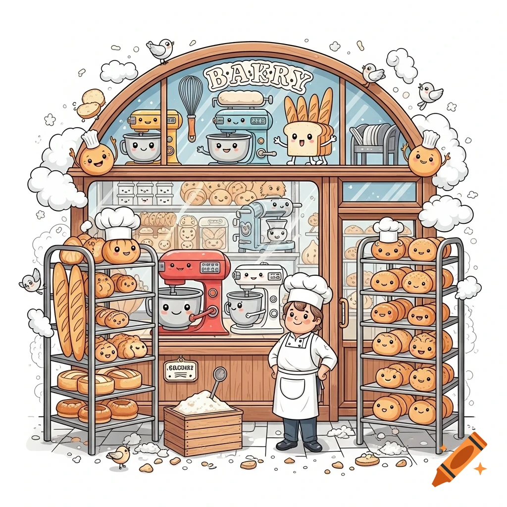 A cute cartoon bakery illustration featuring a happy chef, anthropomorphic baking machines, and shelves of smiling bread and pastries.