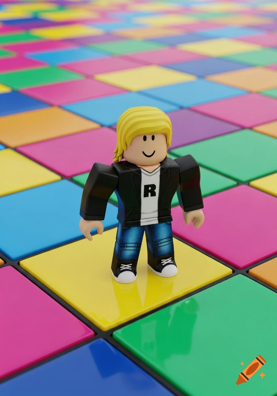 A Roblox character with blonde hair, a black jacket, and blue jeans stands on a vibrant, multi-colored checkered floor.
