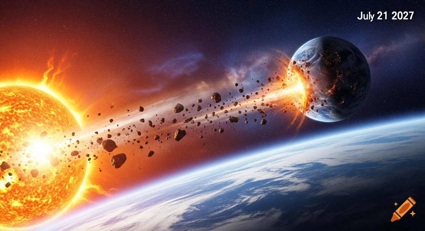 A large, bright sun and a shower of asteroids impact a planet, causing an explosion, with another planet below. Text: July 21 2027.