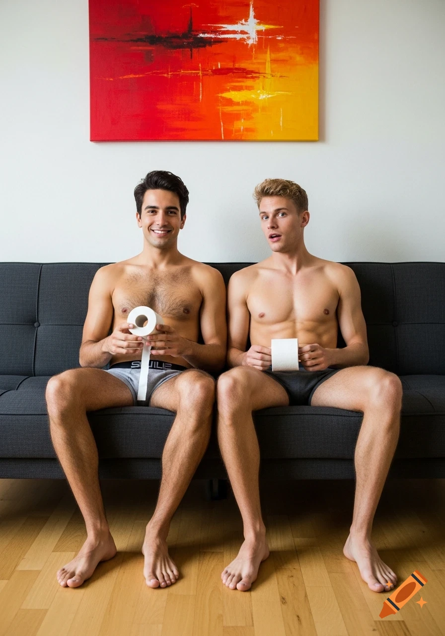 Two shirtless men in boxer briefs sit on a couch, holding toilet paper rolls. One smiles, the other looks surprised.