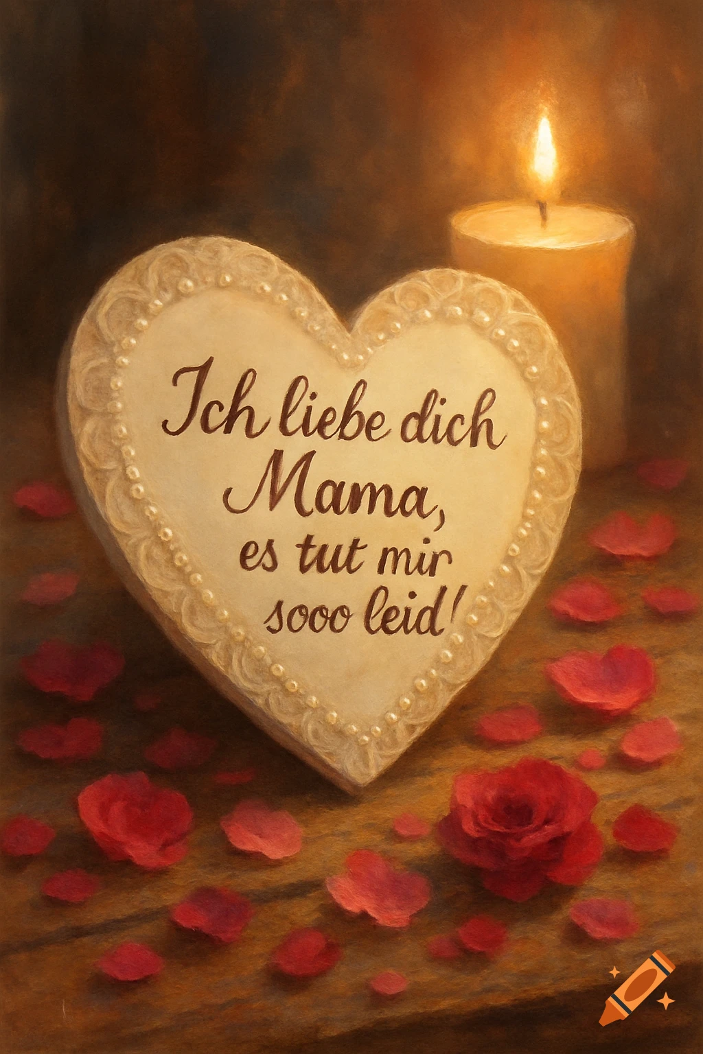 Painterly image of a heart-shaped object inscribed with German text, 'Ich liebe dich Mama, es tut mir sooo leid!', beside a lit candle and red rose petals on a wooden surface.