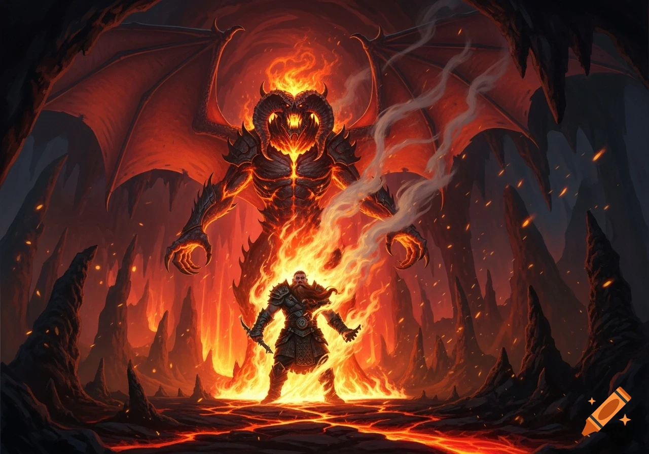 A dwarf-like warrior with a beard and armor stands on glowing lava, facing a giant fiery demon with wings and horns in a dark, cavernous volcanic landscape.