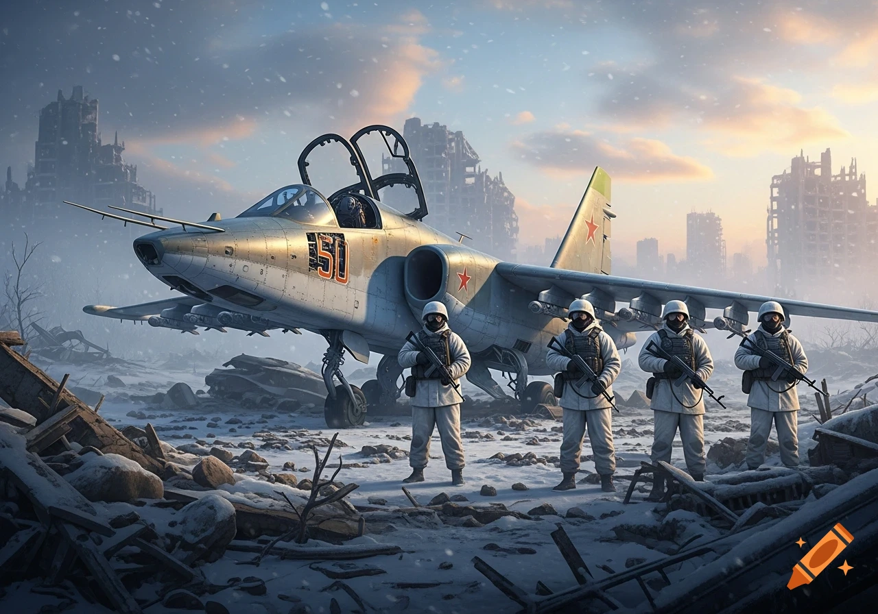 Three soldiers in white uniforms stand with rifles in a snowy, ruined city next to a military jet.