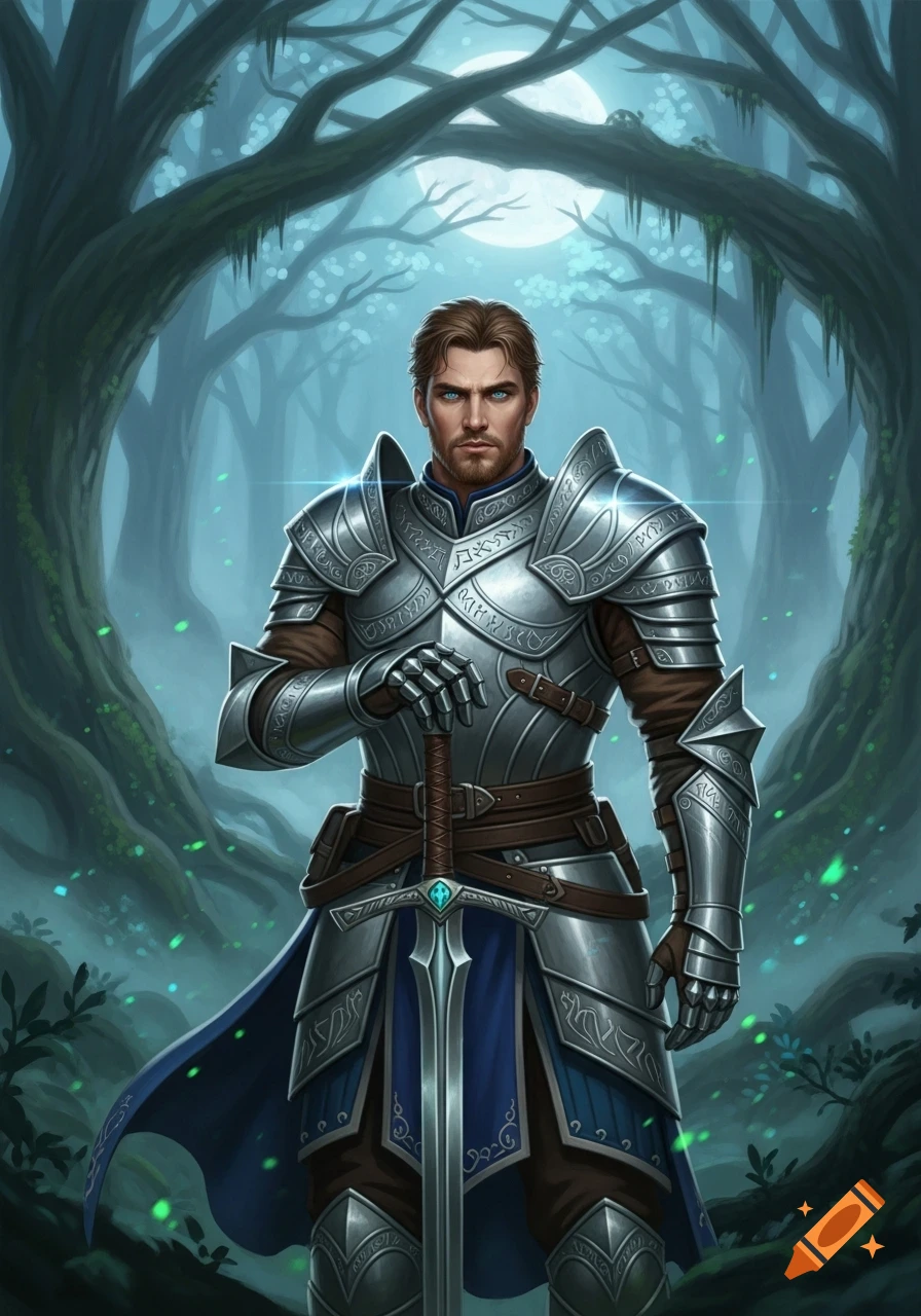 A male knight in shining silver armor and blue accents stands in a moonlit, mystical forest, holding a sword.